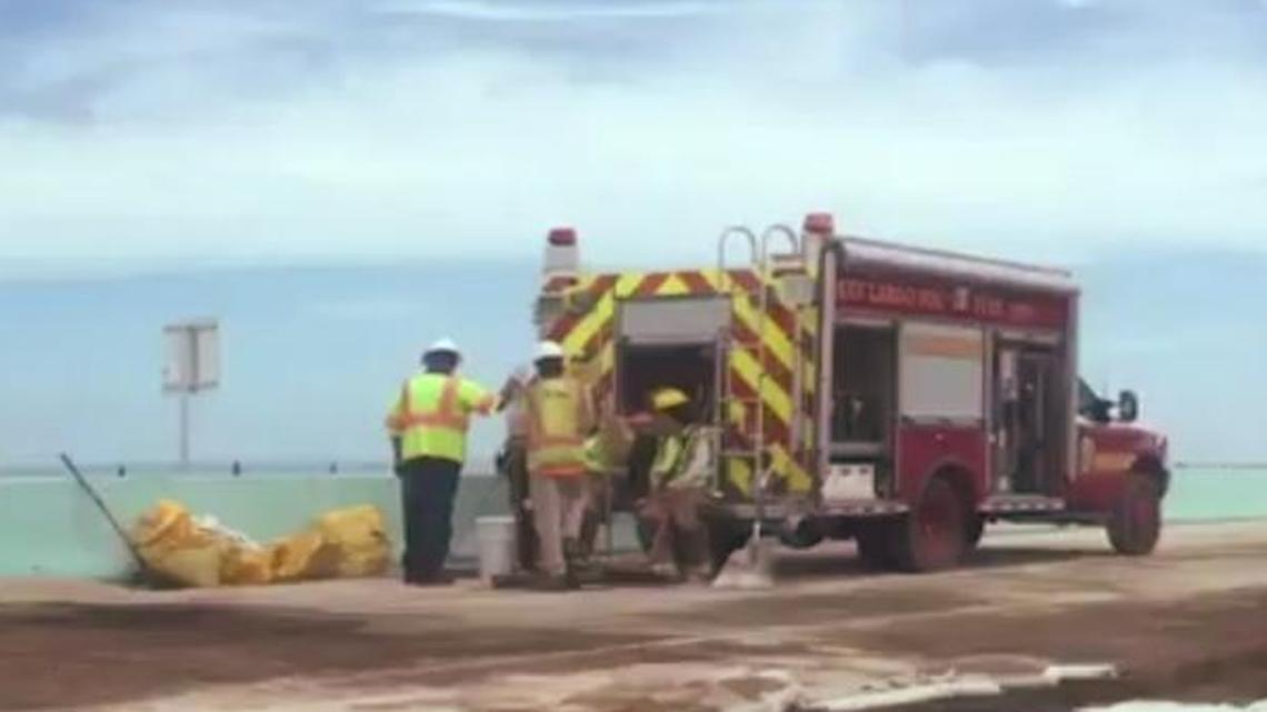 An overturned dump truck blocked southbound traffic on the 18 Mile Stretch of U.S. 1 heading into the Florida Keys early Friday afternoon.