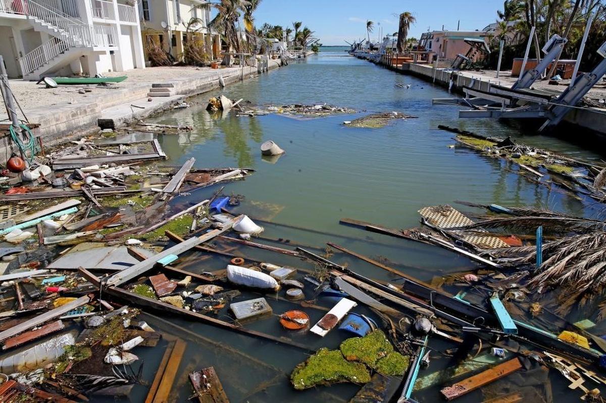 Debris in a canal on Big Pine Key in the Florida Keys, Jan. 18, 2018. Debris has littered the canals in the Keys after Hurricane Irma ravaged the middle keys in September.