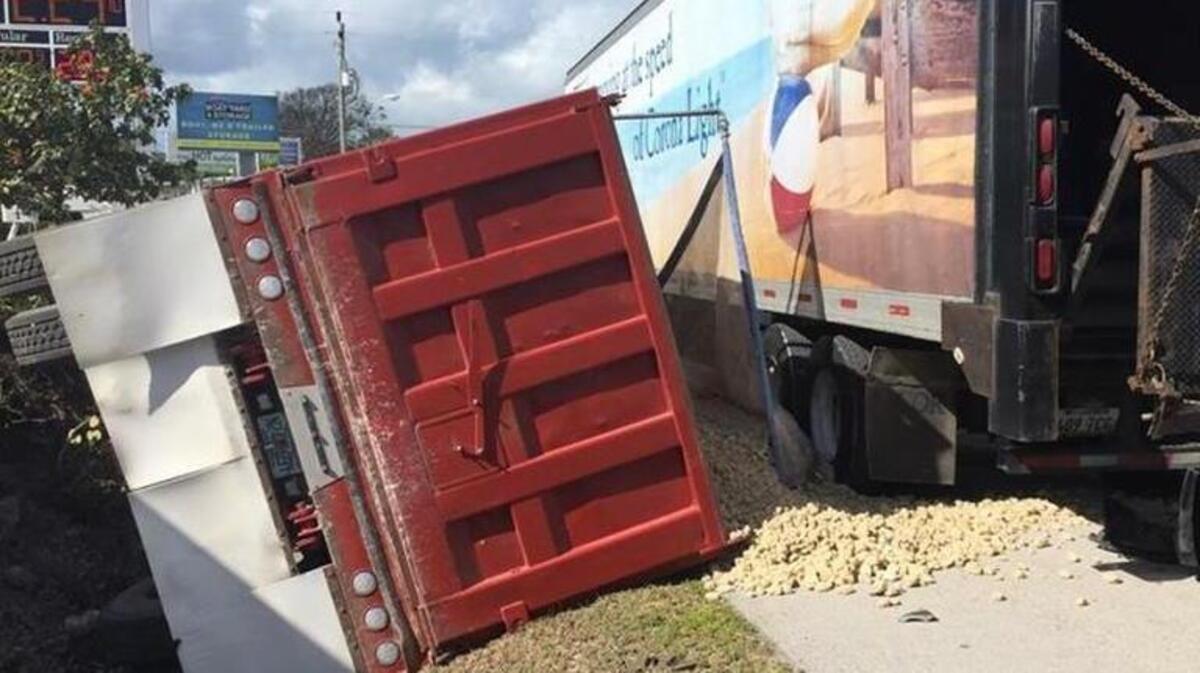 A dump truck carrying gravel overturned in the southbound lanes of U.S. 1 at mile marker 98 in Key Largo Monday morning. One person was seriously injured.