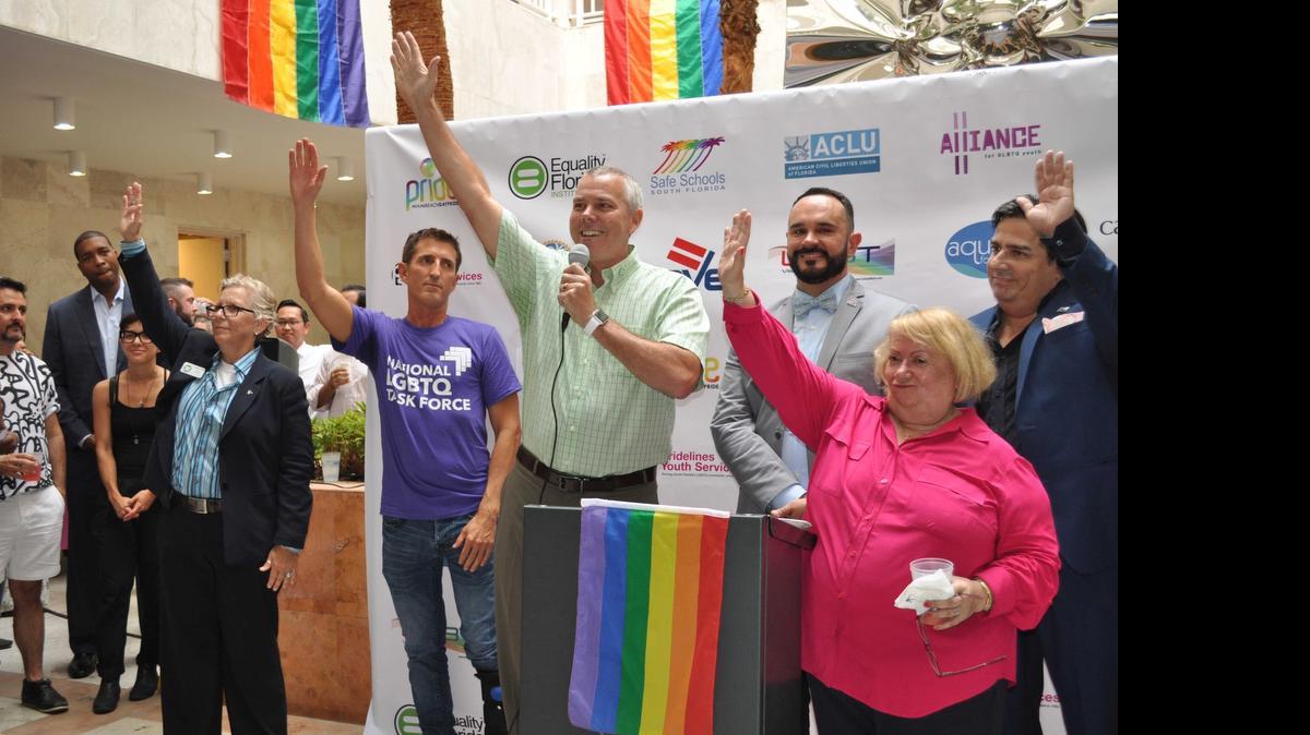 
LGBT leaders from throughout Miami-Dade County greet supporters Friday night at the offices of SAVE and the ACLU of Florida. From left: Cindy Brown of Equality Florida, Michael Bath of the National LGBTQ Task Force, Stratton Pollitzer of Equality Florida, Tony Lima of SAVE, Rosemary Wilder of the ACLU of Florida, and Herb Sosa of Unity Coalition.
