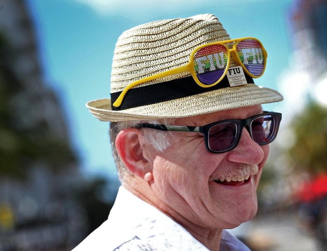 April 10, 2016: Florida International University President Mark Rosenberg joins a large contingent from FIU along the parade route on Ocean Drive at the annual Miami Beach Gay Pride Parade and Festival.