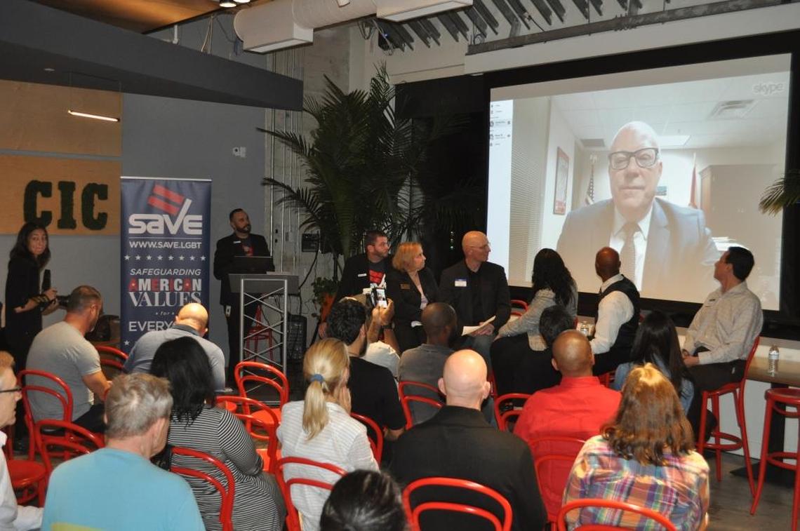 State Rep. David Richardson, D-Miami Beach, speaks Feb. 15 from Tallahassee during a SAVE town hall meeting in Miami.