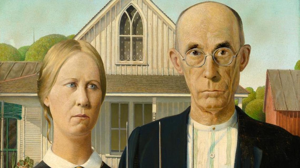 Grant Wood's "American Gothic," 1930, part of "Grant Wood: American Gothic and Other Fables," at the Whitney Museum of American Art in New York through June 10.