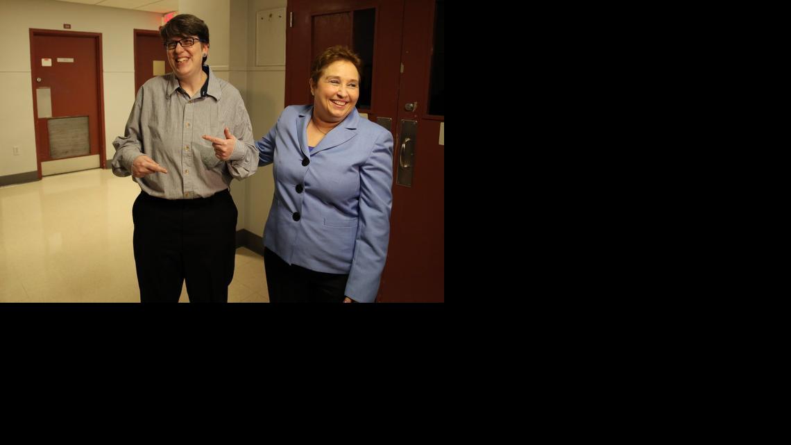 
Heather Brassner shares a laugh with her attorney Nancy Brodzki after Broward County Circuit Judge Dale Cohen announced Brassner’s divorce from her same-sex partner in court Wednesday, Dec. 17, 2014.
