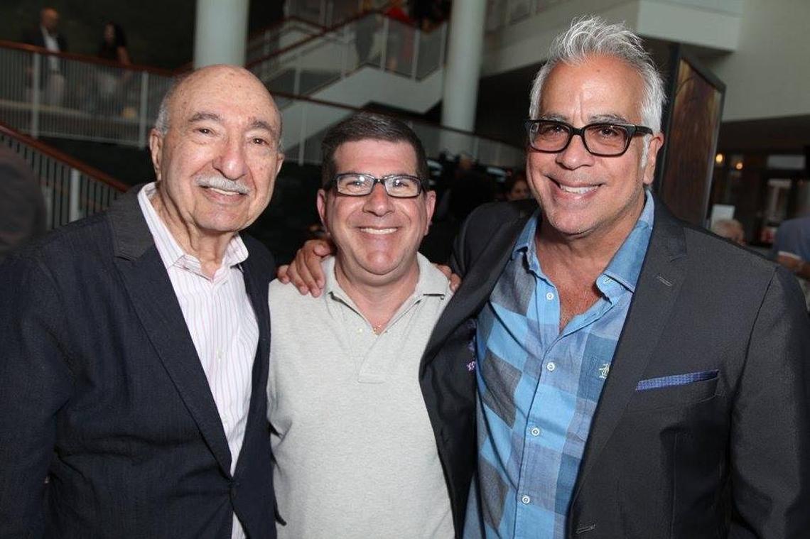 Miami publicist Charles Cinnamon, Miami Herald reporter Steve Rothaus and Richard Jay-Alexander in April 2016 at the Adrienne Arsht Center in Miami.