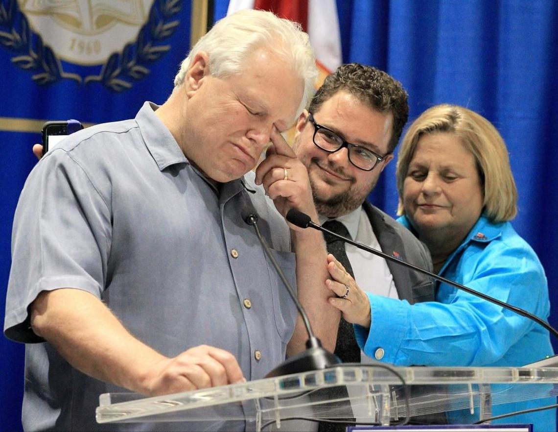 May 16, 2016: Former acting U.S. Attorney Dexter Lehtinen, left, wipes away his teary eye as he talks about his transgender son, Rodrigo Heng-Lehtinen (formerly Amanda), as he is comforted by his wife, U.S. Rep. Ileana Ros-Lehtinen, R-Miami, during the launching of their SAVE nondiscrimination video, ‘Family is Everything.’