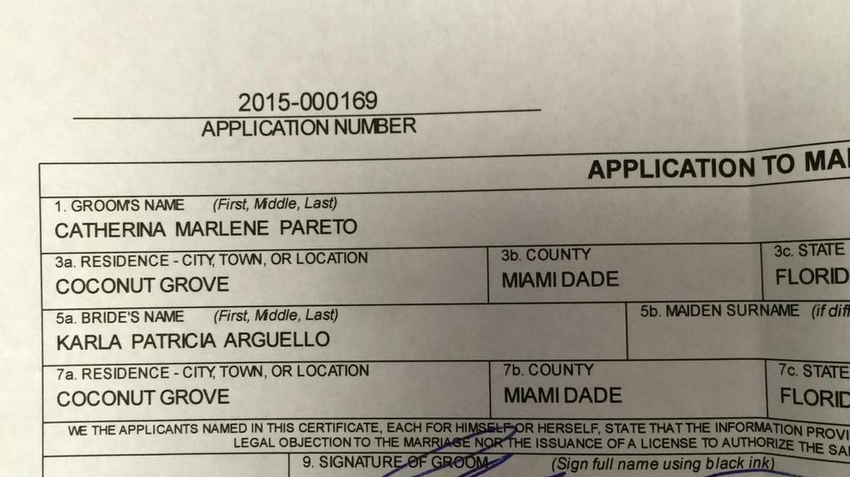 
The first marriage license in Florida issued to a same-sex couple, on Jan. 5 in Miami-Dade County to ‘groom’ Catherina Pareto and ‘bride’ Karla Arguello.
