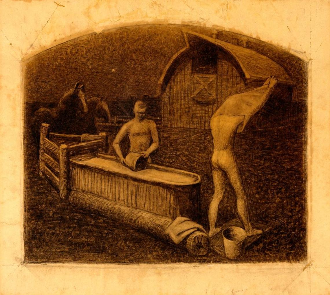 Grant Wood's "Saturday Night Bath," charcoal on paper.