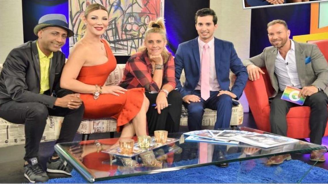 The cast of ‘Sobre todos los Generos’ (‘About All Genders’): From left, Alexis “Marytrini” Fernandez, Vinna Rouge, Ibetti Perez Larralde, Alejandro Condis and Néstor Paz. Inset, Condis and Miriam Mill.