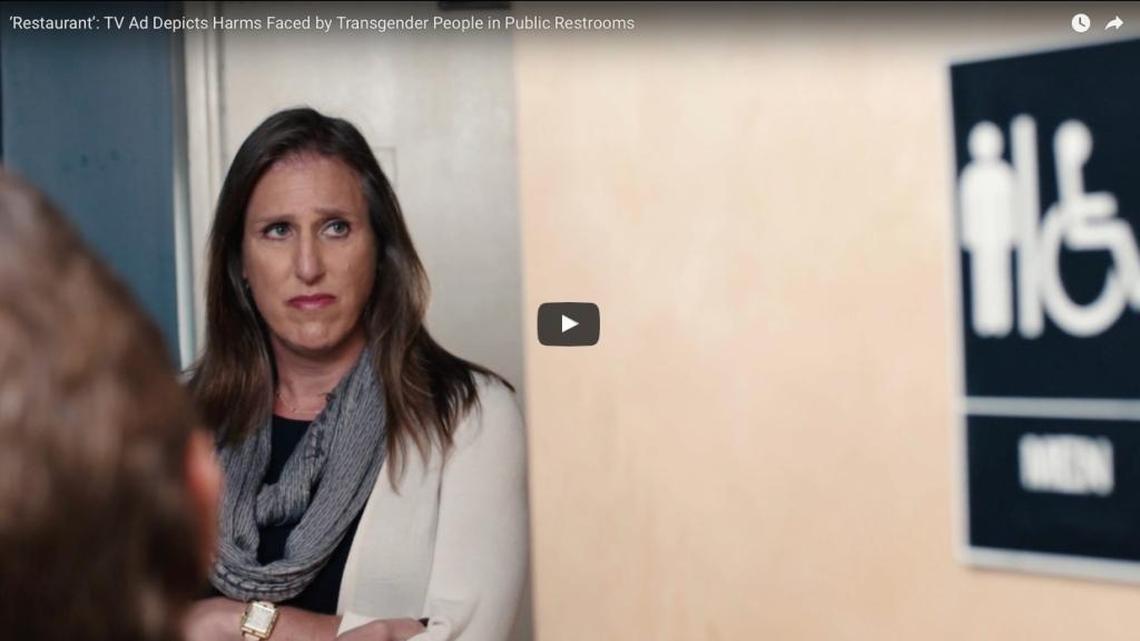 A still from the Fairness USA ad ‘Restaurant: TV Ad Depicts Harms Faced by Transgender People in Public Restrooms.’ The ad features Alaina Kupec, a trans woman from North Carolina.