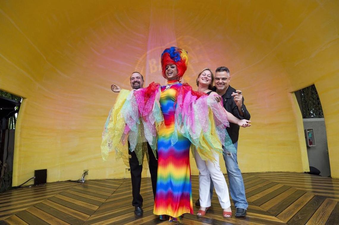 January 2016: Gay8 Festival organizers prepare in advance at Ball & Chain in Little Havana. From left to right: Damian Pardo, Alexis Fernandez, AKA drag queen Marytrini, Amy Bloom and Joe Cardona. The festival was the first major LGBT event in Little Havana.