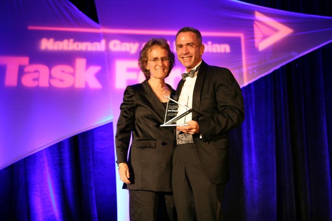 Oct. 18, 2007: Joan Schaeffer, winner of the Eddy McIntyre Community Service Award with 2007 recipient Jerry Chasen at the National LGBTQ Task Force Gala Miami.