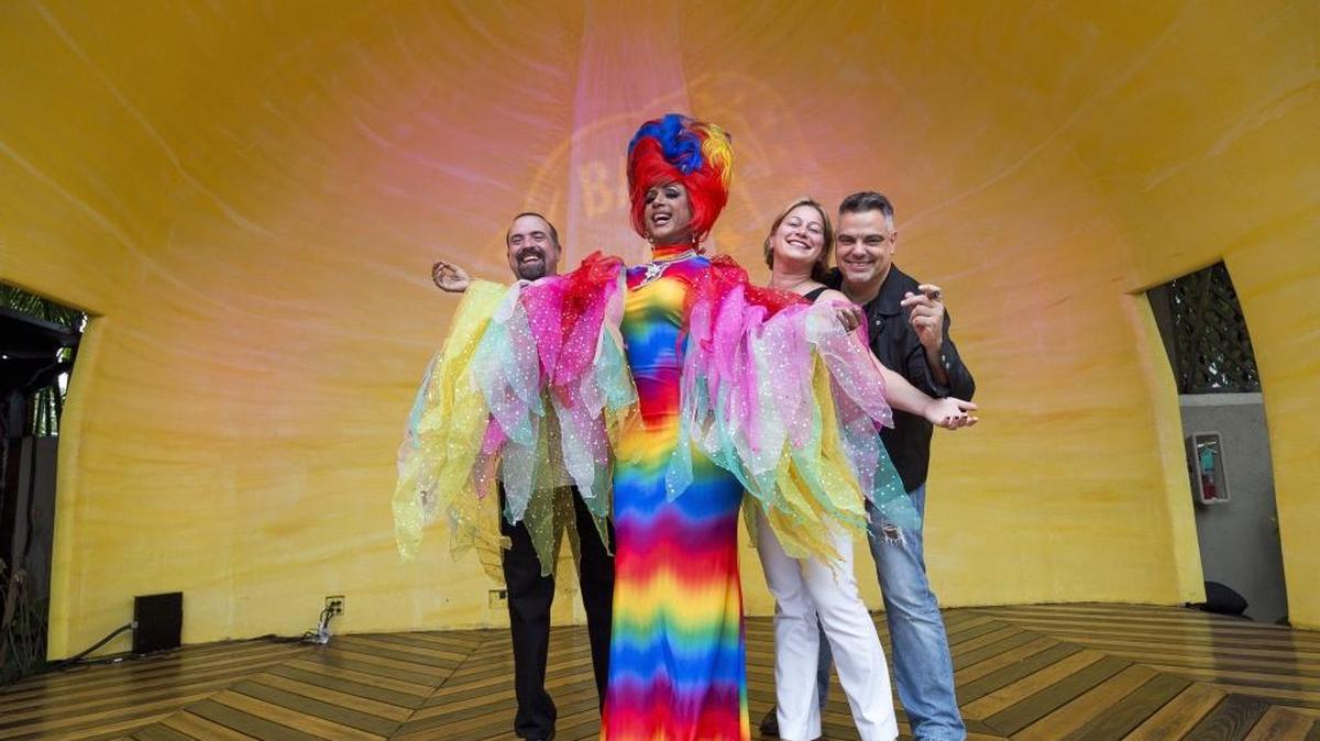 Gay8 Festival organizers gather at the restaurant Ball & Chain in Little Havana on Jan. 8, 2016. From left to right: Damian Pardo, Alexis Fernandez (AKA drag queen Marytrini), Amy Bloom and Joe Cardona.
