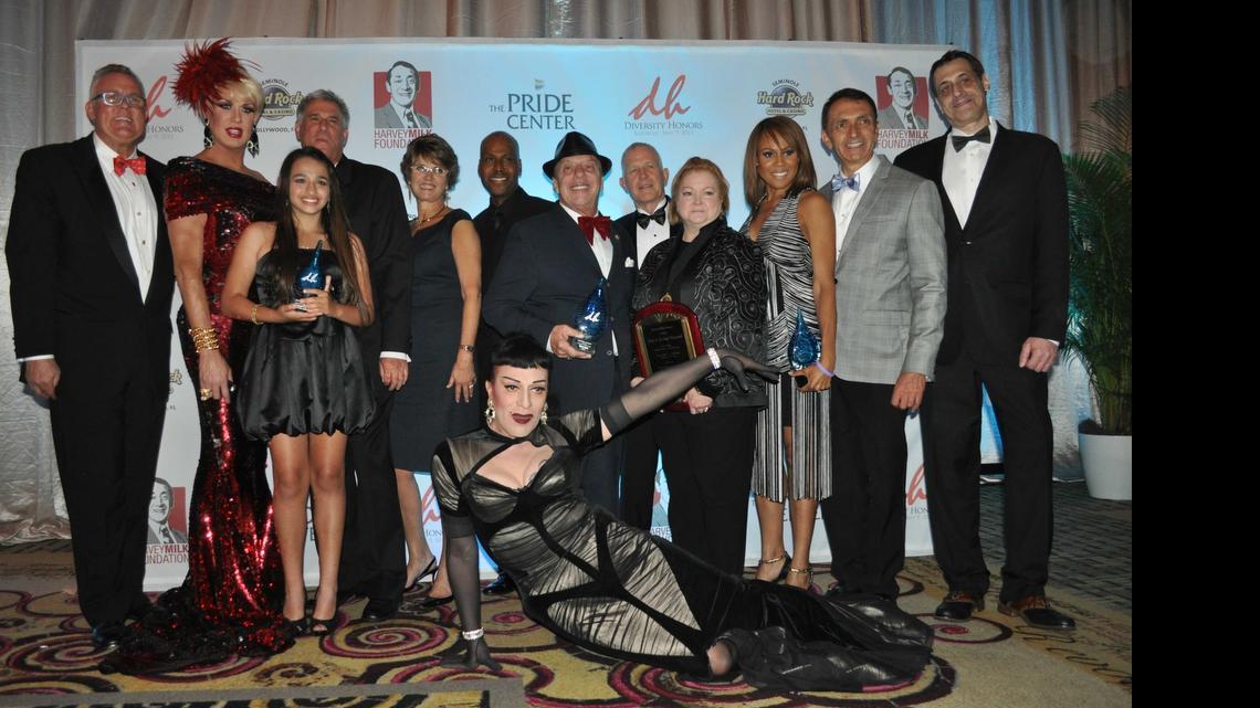 
Honorees and friends of the first Diversity Honors, co-presented by the Harvey Milk Foundation and The Pride Center at Equality Park, at the Seminole Hard Rock Hotel & Casino near Hollywood. From left: Robert Boo, the pride center’s executive director; entertainer Elaine Lancaster; transgender teen Jazz Jennings; Palm Beach County Human Rights Council President and founder Rand Hoch; Lillian Tamayo, CEO of Planned Parenthood of South Florida; Miami-Dade Circuit Court Judge William Thomas; South Florida Gay News publisher Norm Kent; Dennis and Judy Shepard, parents of Matthew Shepard; recording artist Deborah Cox; Fort Lauderdale Commissioner Dean Trantalis; Stuart Milk, president of the Harvey Milk Foundation. Front: performer Joey Arias.
