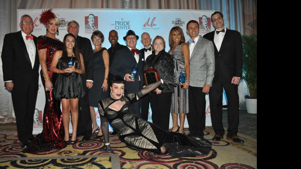 
Honorees and friends of the first Diversity Honors, co-presented by the Harvey Milk Foundation and The Pride Center at Equality Park, at the Seminole Hard Rock Hotel & Casino near Hollywood. From left: Robert Boo, the pride center’s executive director; entertainer Elaine Lancaster; transgender teen Jazz Jennings; Palm Beach County Human Rights Council President and founder Rand Hoch; Lillian Tamayo, CEO of Planned Parenthood of South Florida; Miami-Dade Circuit Court Judge William Thomas; South Florida Gay News publisher Norm Kent; Dennis and Judy Shepard, parents of Matthew Shepard; recording artist Deborah Cox; Fort Lauderdale Commissioner Dean Trantalis; Stuart Milk, president of the Harvey Milk Foundation. Front: performer Joey Arias.
