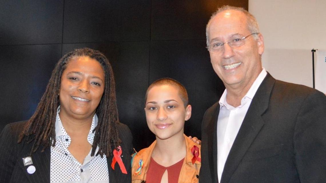 Equality Florida CEO Nadine Smith, Marjory Stoneman Douglas student Emma González and Miami Beach Mayor Dan Gelber on Saturday, March 10, 2018, at Equality Florida’s 2018 Miami Gala, held at the Eden Roc Miami Beach Hotel.