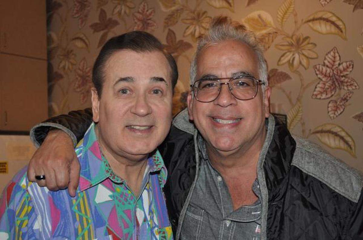 Broadway star Lee Roy Reams visits with Miami Beach-based director Richard Jay-Alexander after the Jan. 17 performance of Jerry Herman’s ‘La Cage aux Folles’ at the Wick Theatre in Boca Raton.