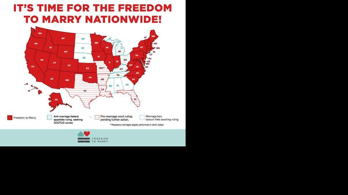 
Freedom to Marry has posted a new United States map that shows 35 where same-sex couples can marry and 15 states where they cannot.
