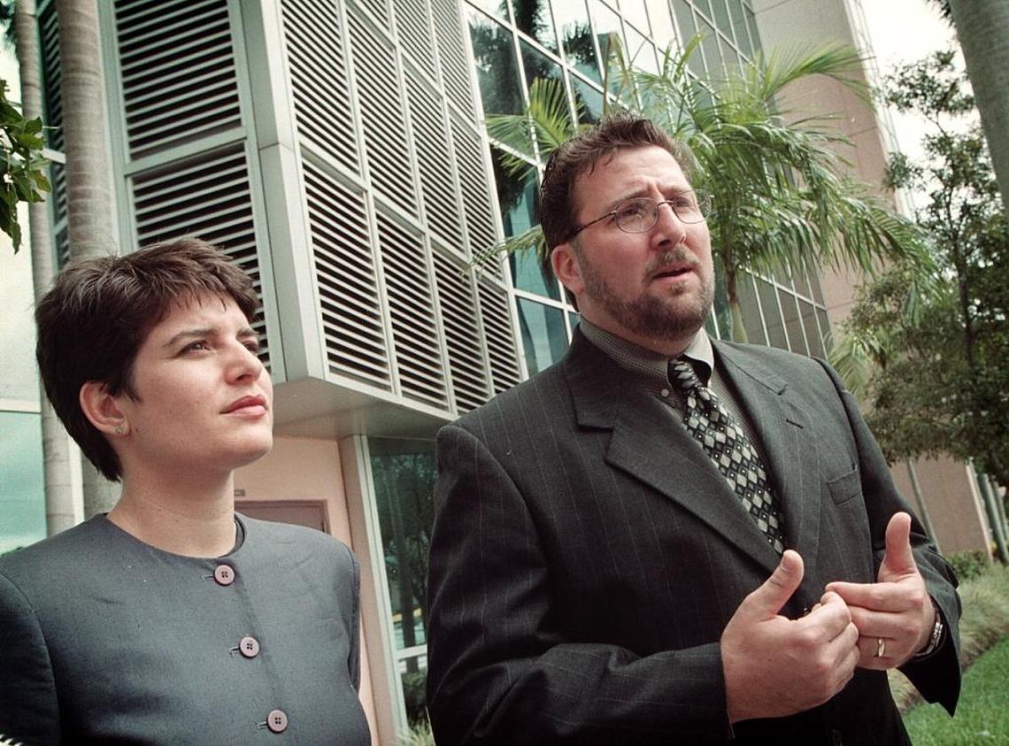 March 2000: Miami attorney Elizabeth Schwartz and just-widowed client Frank Gagliano stand outside the Broward Courthouse, speaking out after Gagliano lost all his possessions to his late partner’s family. NBC 6 cameraman Rob Pierce had been killed in a TV helicopter crash – and he left no will. Gagliano had no legal recourse.