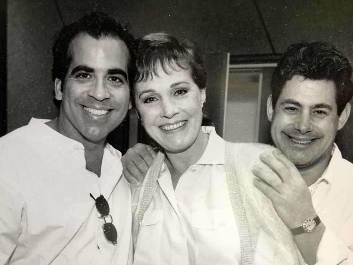 Julie Andrews with Richard Jay-Alexander and Cameron Mackintosh during the cast recording session of Stephen Sondheim's “Putting it Together” in 1993 at RCA Studios in New York City.