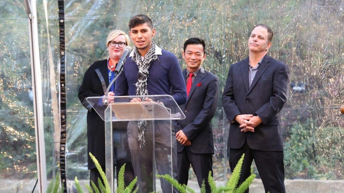 Abdon Orrostieta receives the Pedro Zamora Young Leaders Scholarship during World AIDS Day ceremony in San Francisco. Orrostieta, from Pompano Beach, is a junior at University of Central Florida and volunteers with Latinos Salud, a nonprofit community- and minority-based HIV agency.