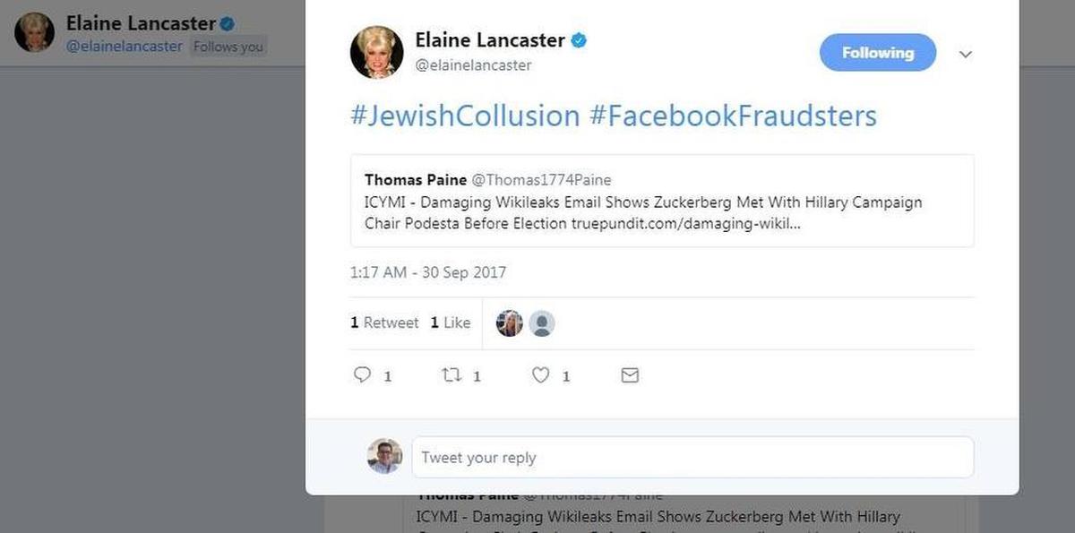 A Twitter post Saturday by Elaine Lancaster with hashtags “JewishCollusion” and “FacebookFraudsters.”