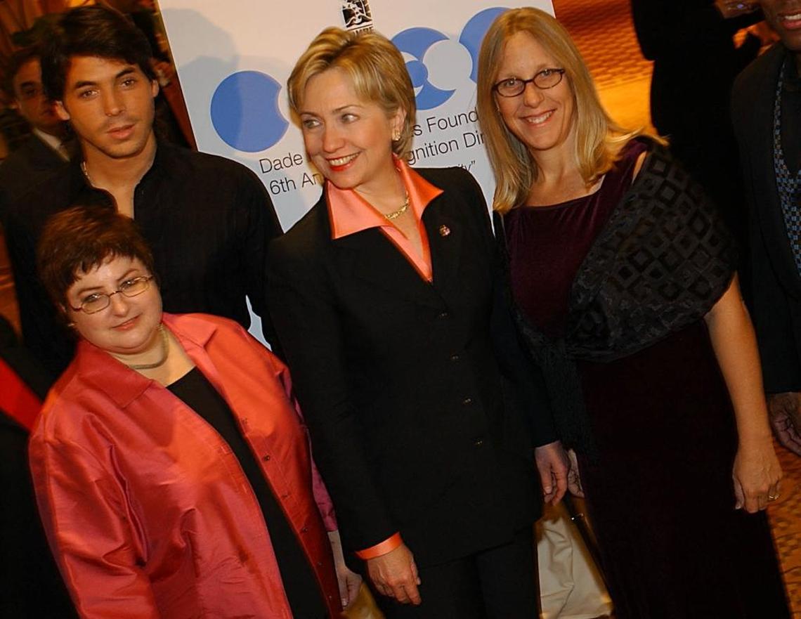 October 2002: Alicia Apfel, Latin Grammy winner Jorge Moreno, then-U.S. Sen. Hillary Clinton and Cindy Brown at the 2002 Gay Foundation of South Florida dinner, the event that years later evolved into the National LGBTQ Task Force Gala Miami.