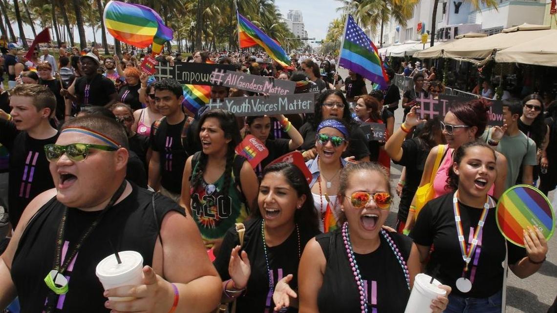 Young students and professionals march up Ocean Drive as exercise of empowerment for LGBT rights.