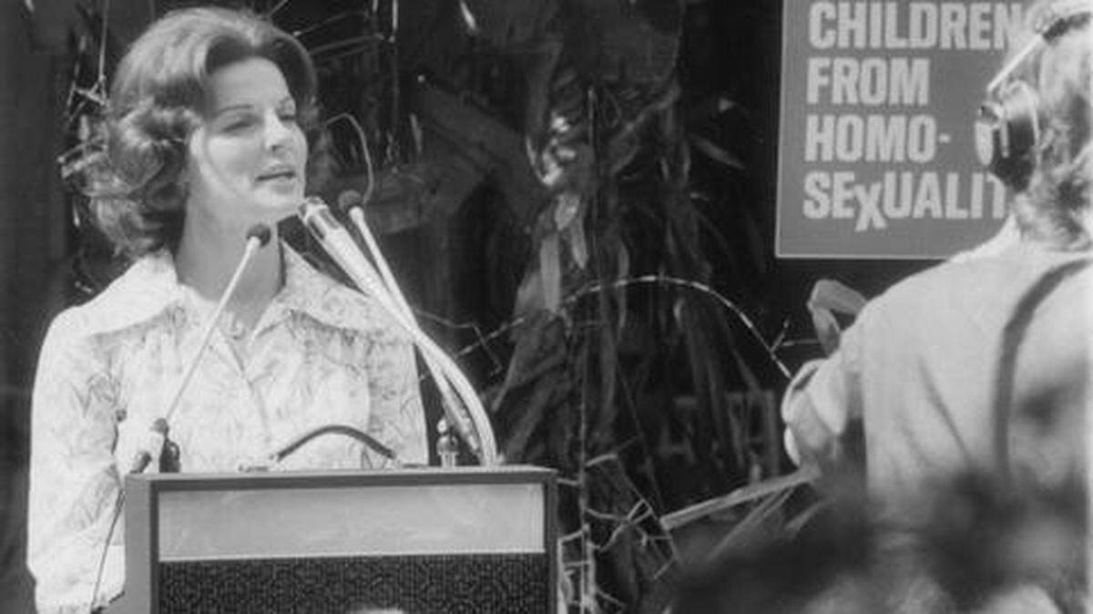 Anita Bryant addresses the media at her home in Miami Beach during her 1977 campaign against Dade County’s gay-rights ordinance.