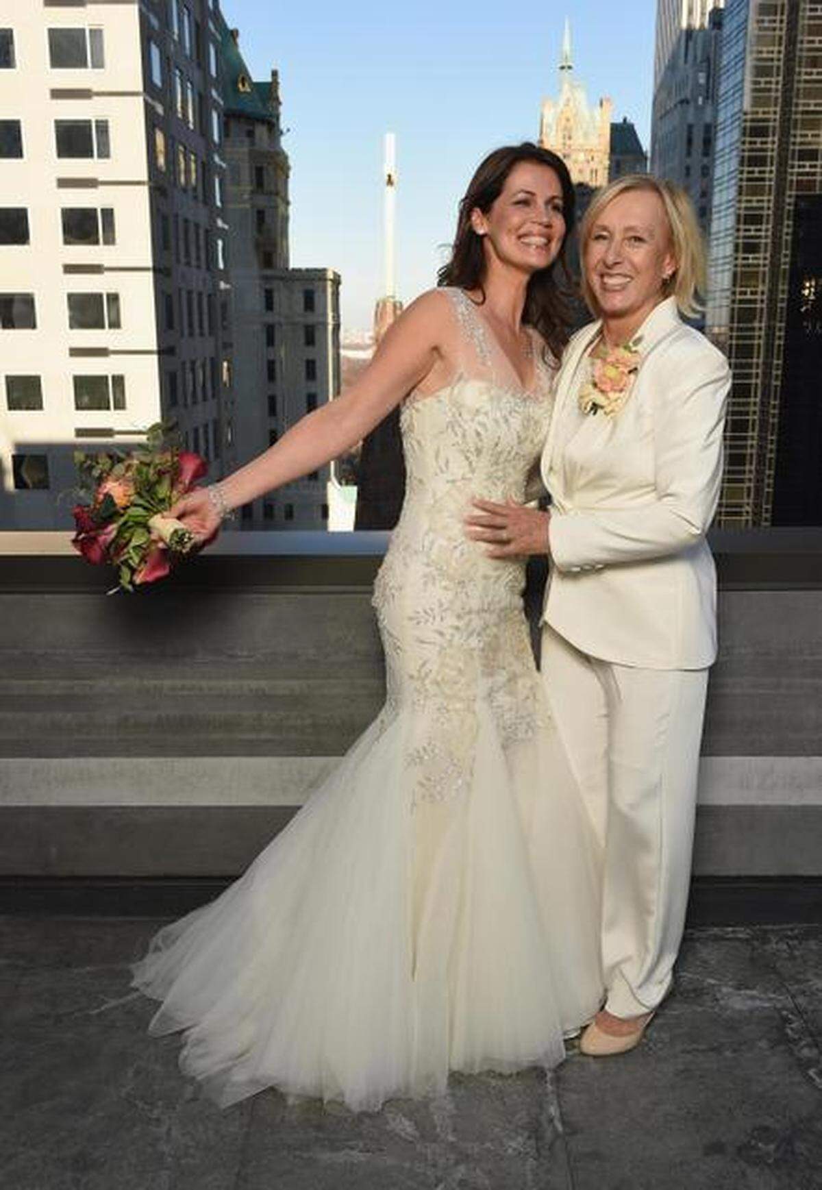 Julia Lemigova and Martina Navratilova attend their wedding at The Peninsula Hotel on Dec. 15, 2014 in New York City.