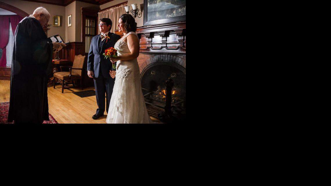 
Kate, right, and Beth Bauer-Jones married in October in Springfield, Vt., but when they flew back to Tampa, they were not legally married any more. ‘Legally, we were strangers,’ Kate said.
