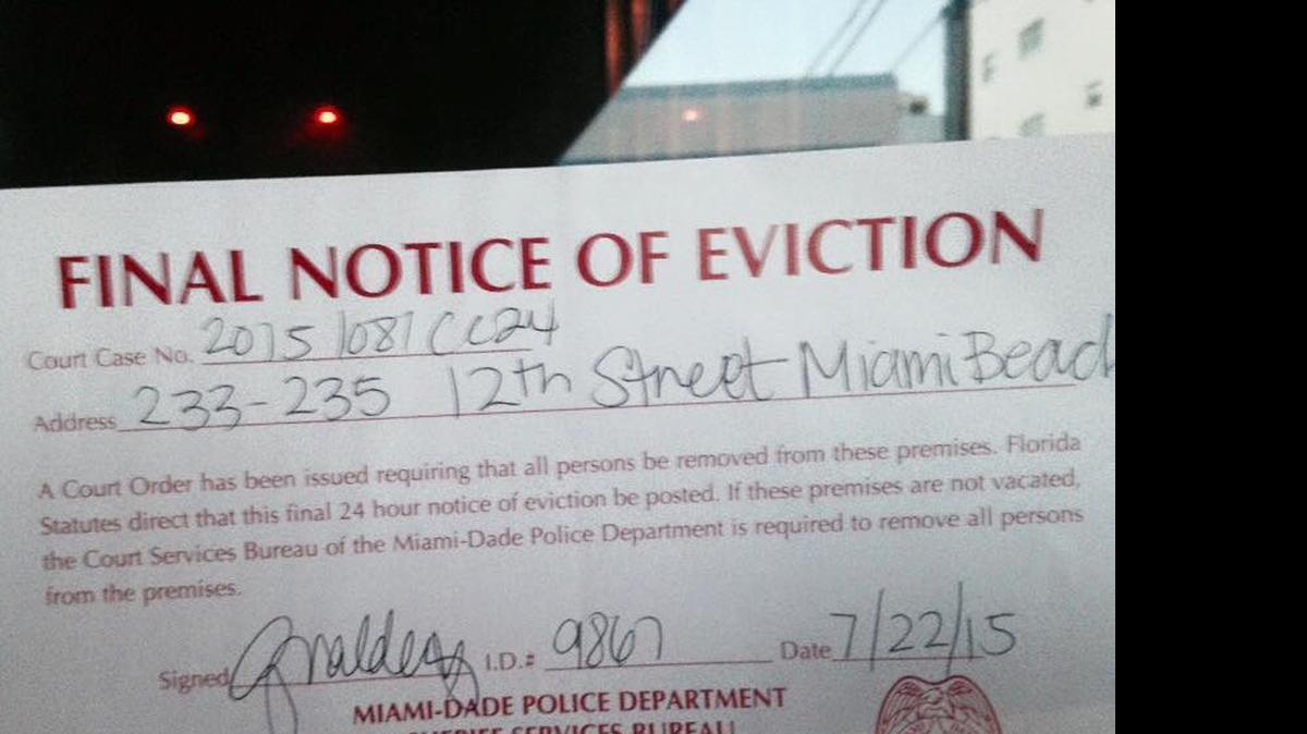 
The Cabaret South Beach co-owner Edison Farrow posted on Facebook a “final notice of eviction” from Miami-Dade County police. 
