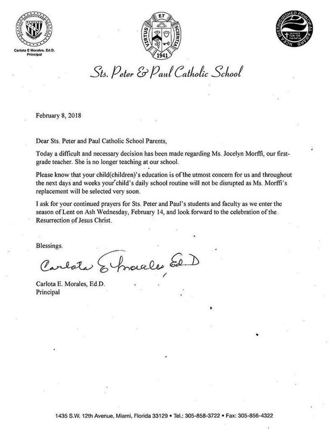 A letter sent to parents at Sts. Peter and Paul Catholic School notifying them that Jocelyn Morffi had been fired.