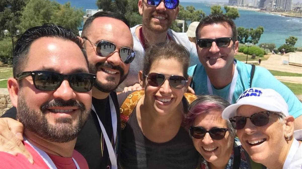 Several well-known LGBTQ activists from South Florida are currently touring Israel with A Wider Bridge. In Tel Aviv on Friday: Robbie and James Moon stand behind Yonel Galano, Tony Lima, Tori Bertran, Jennifer Ann Love and Cindy Brown.