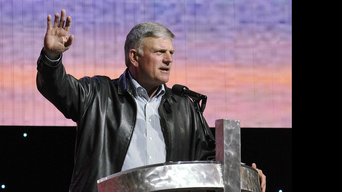 
Evangelist Franklin Graham speaks in Erie, Pa., in this 2014 photo. Graham has told a conservative radio program that he’s chosen BB&T bank to get the accounts he’s moving from Wells Fargo to protest that bank’s ad featuring a lesbian couple.
