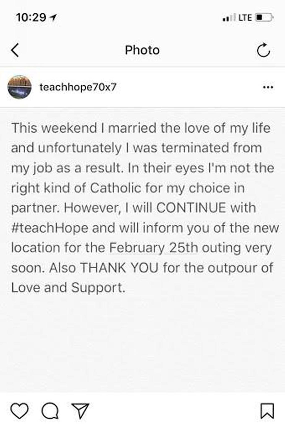 First-grade teacher Jocelyn Morffi’s post on social media says she was fired because of her sexual orientation.