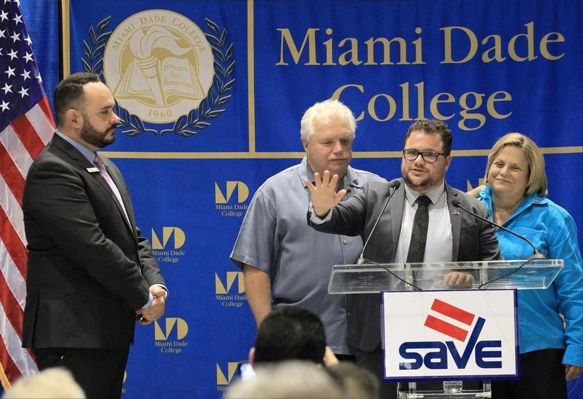 SAVE Executive Director Tony Lima, left, former U.S. Attorney Dexter Lehtinen, and Congresswomen, Ileana Ros-Lehtinen, right, join Rodrigo Heng-Lehtinen, who is transgender, center, on stage as he gives remarks regarding his family's support during the launching of the PSA on LGBT nondiscrimination featuring his parents called " Family is Everything" on Monday, May 16, 2016.