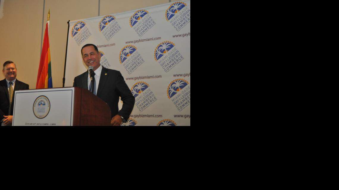 
Miami Beach Mayor Philip Levine addresses the Miami-Dade Gay & Lesbian Chamber of Commerce on Monday, Jan. 26, at Jungle Island. Chamber President Steve Adkins looks on.
