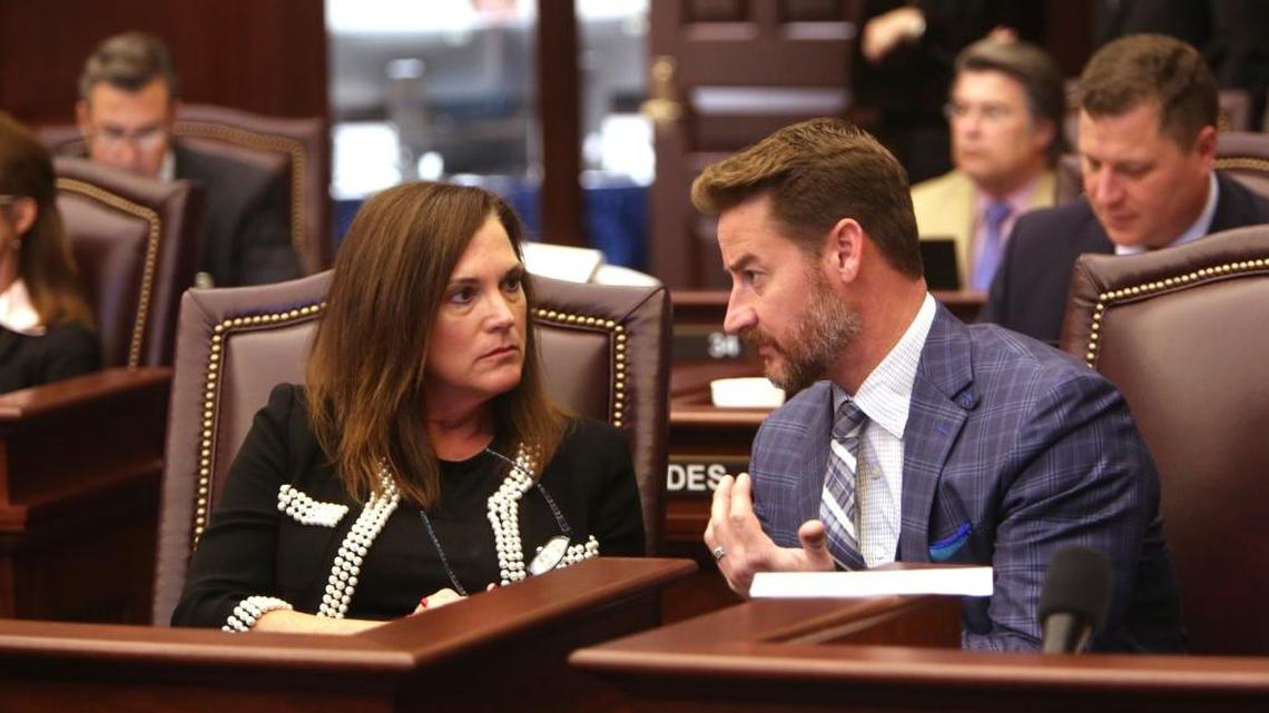 Senators Dana Young, R-Tampa, and Greg Steube, R-Sarasota, talk on the floor of the Senate, Wednesday, March 8, 2017. While Young supports a measure that would provide broad protections for the LGBT community, Steube said he has concerns with giving new protections to groups of people not explicitly protected under the U.S. or Florida constitutions.
