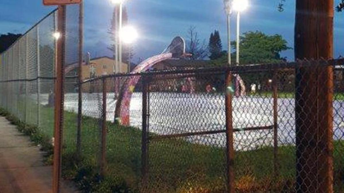 Repaired lights at Charles Drew K-8 Center basketball courts in Liberty City. Credit Andrew Kemp-Gerstel.