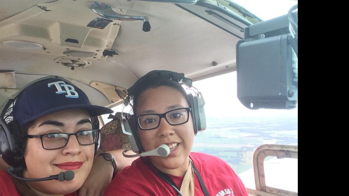 
Odanys “Odi” Velazquez, 21, and Sandy Gonzalez, 20, pose for a photo on the way to Everett-Stewart Regional Airport in Union City, Tennessee, during the 2015 Air Classic Race.

