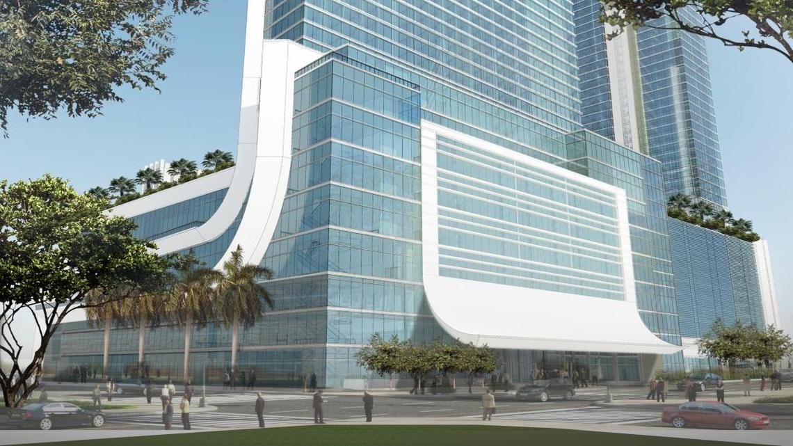 A rendering of the new, two-tower design for the planned Miami WorldCenter convention center and hotel on the site of the old Miami Arena downtown.