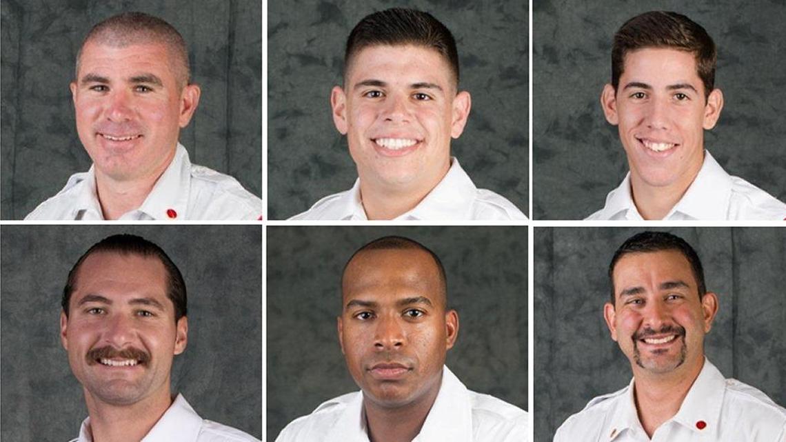 City of Miami firefighters, from left top: William Bryson, Kevin Meizoso, and David Rivera; from bottom left: Justin Rumbaugh, Harold Santana, Alejandro Sese, were fired over an incident in which someone hung a noose over a black lieutenant’s family photos inside a fire station.