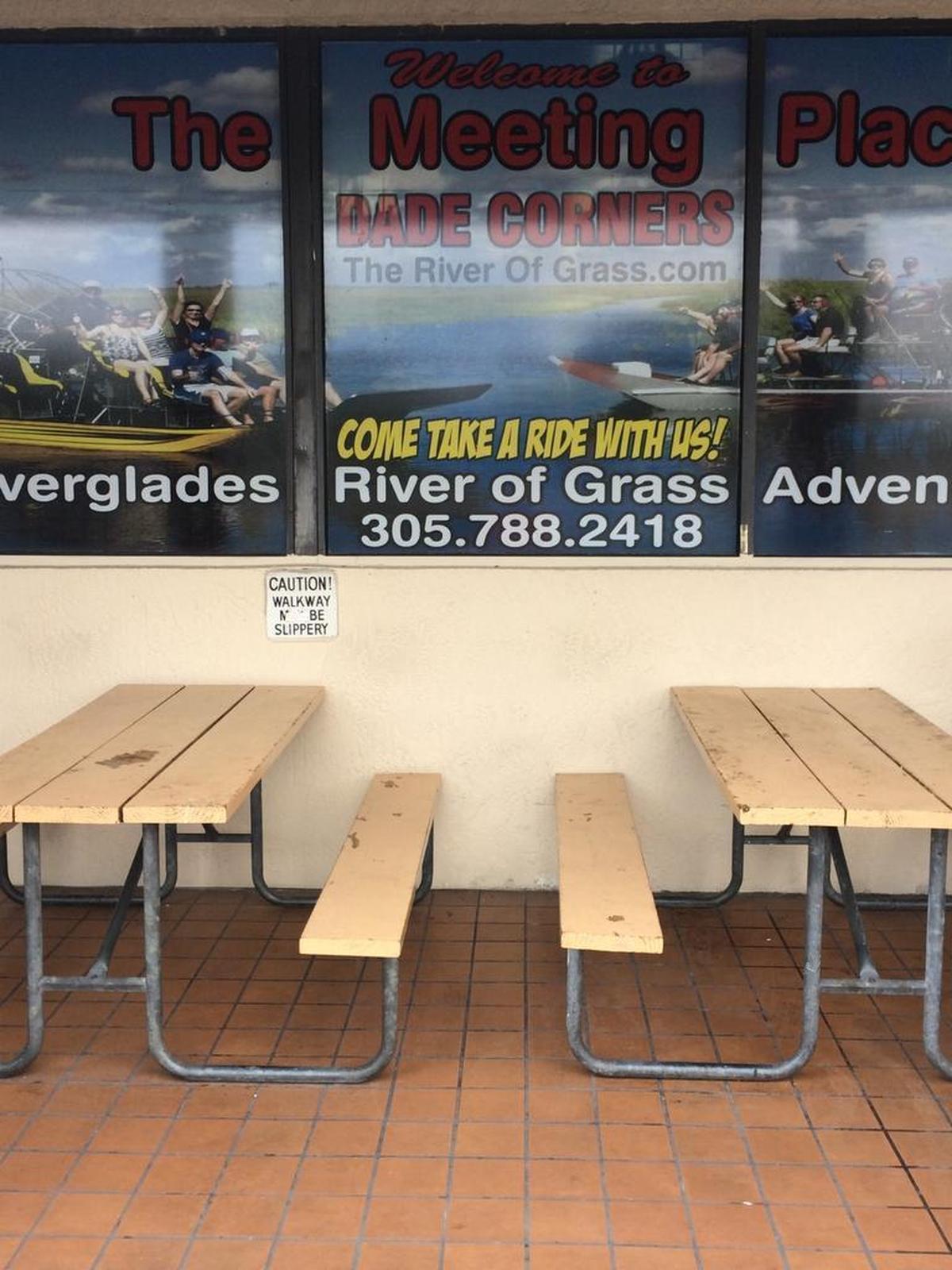 The bench at Dade Corners on Krome Avenue and Southwest Eighth Street where operators for River of Grass Adventures meet customers before airboat rides.