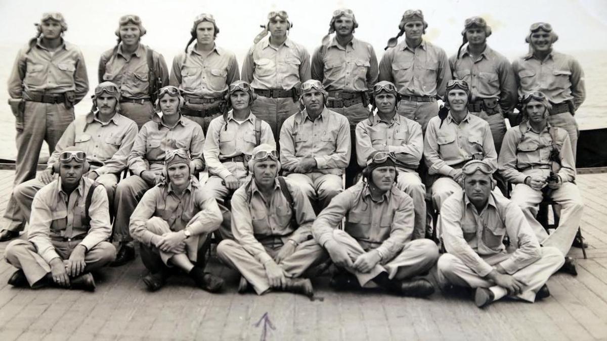 Miami, Florida, May 11, 2017- A photo of Bill Gregg's squadron on board of the Aircraft Carrier Enterprise. Commander Bill Gregg, is seated on the floor, third from left.