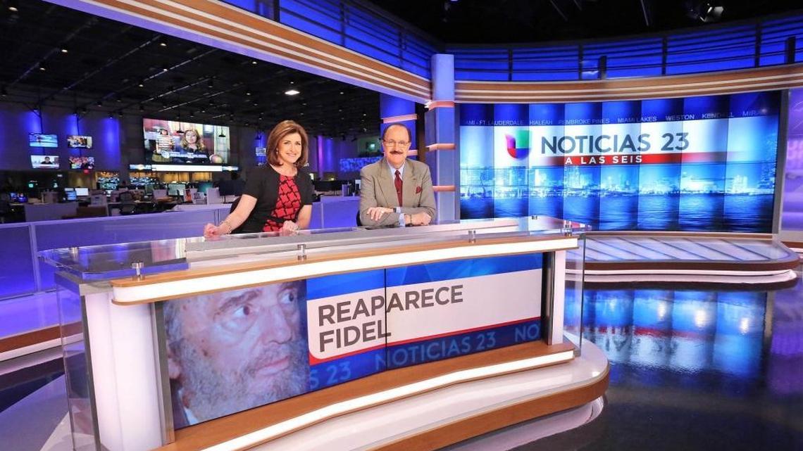 Veteran news anchor Alina Mayo-Azze and Guillermo Benites are seen on their new set in Doral on Jan. 27, 2015.