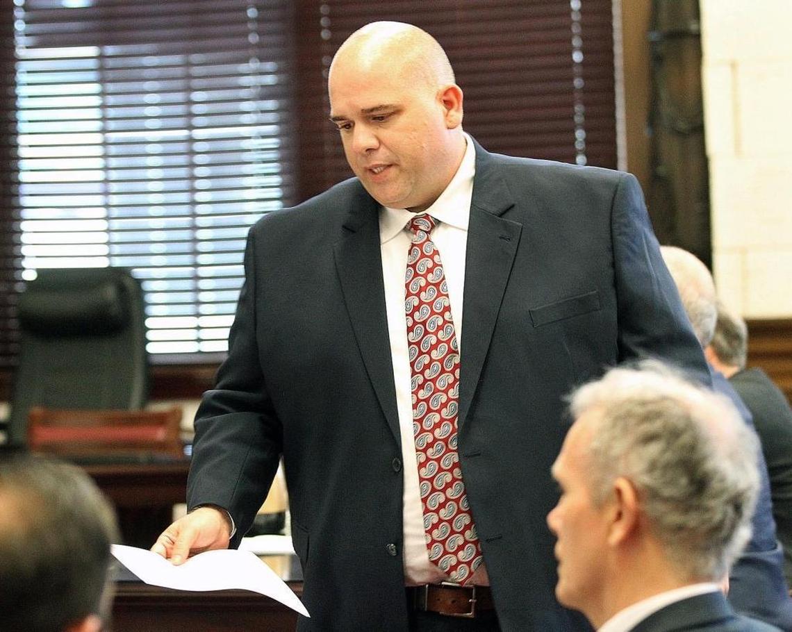 Jorge Martinez-Esteve, an assistant county attorney for Miami-Dade, at the first court hearing of Miami-Dade County vs. Miami Marlins in a profit-sharing fight between the county and former owner Jeffrey Loria on Thursday, Feb. 22, 2018.