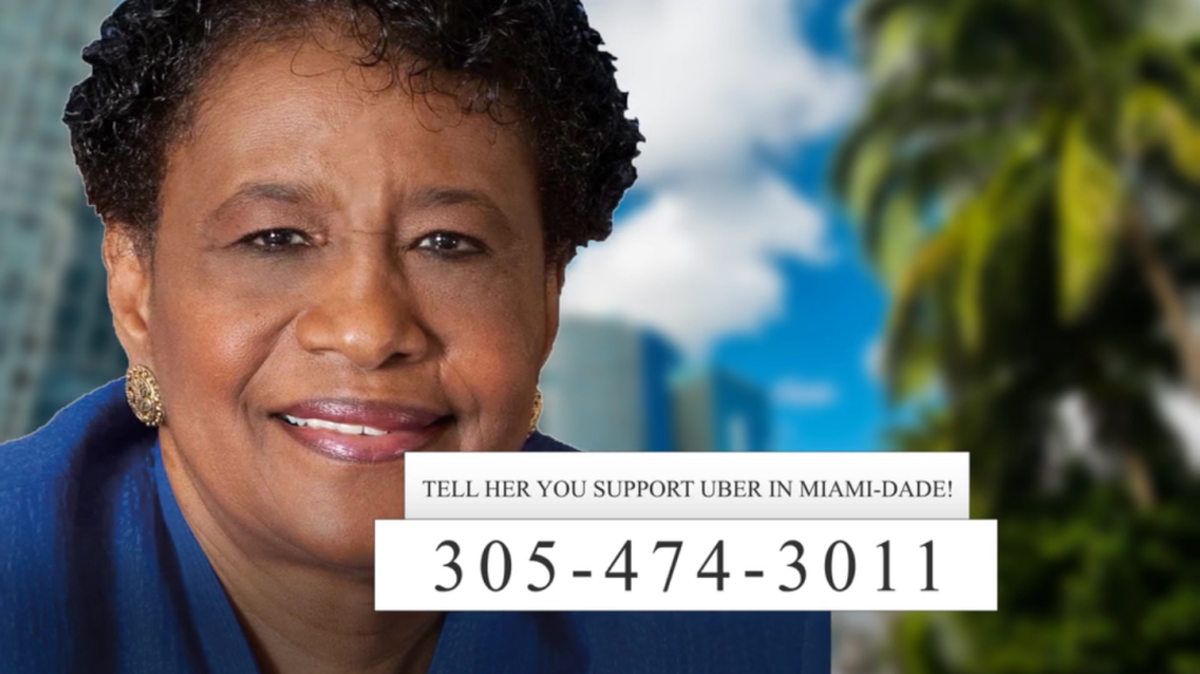 A screen grab of a television ad Uber that targets Miami-Dade Commissioner Barbara Jordan, a longtime critic of the company.