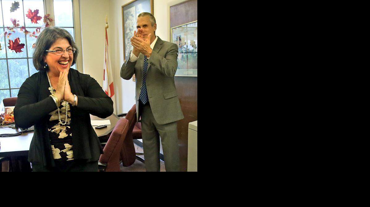 
Daniella Levine Cava shortly after being sworn in as Miami-Dade’s newest county commissioner during a small ceremony at County Clerk Harvey Ruvin’s office on Tuesday, Nov. 18. Peter Newman, a chaplain for the county police union and Levine Cava friend, gave the invocation. 
