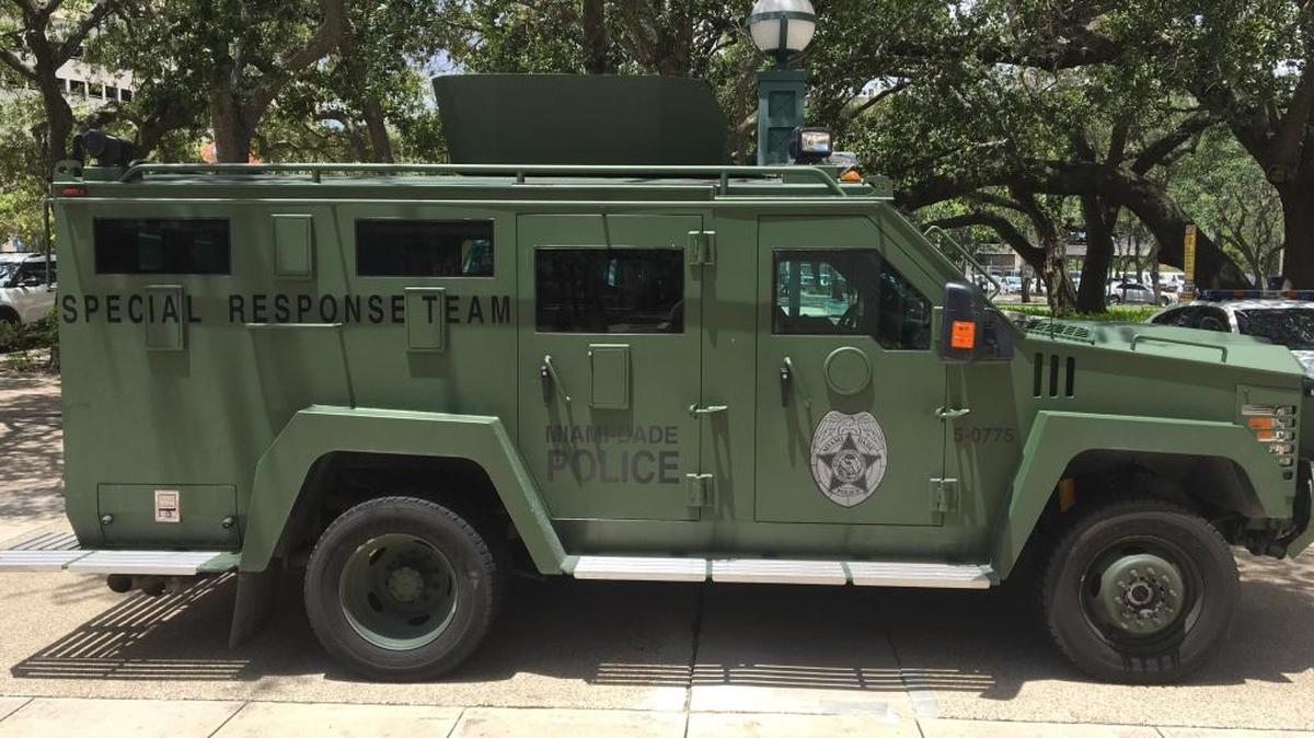 While Miami-Dade commissioners met inside, visitors to the public square outside County Hall on Monday saw the county police department’s armored vehicle parked outside during the first day of deploying a new counter-terrorism force that has alarmed civil-liberties advocates.